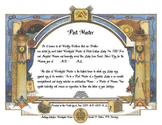 Personalized Masonic Past Master Certificate Art Print